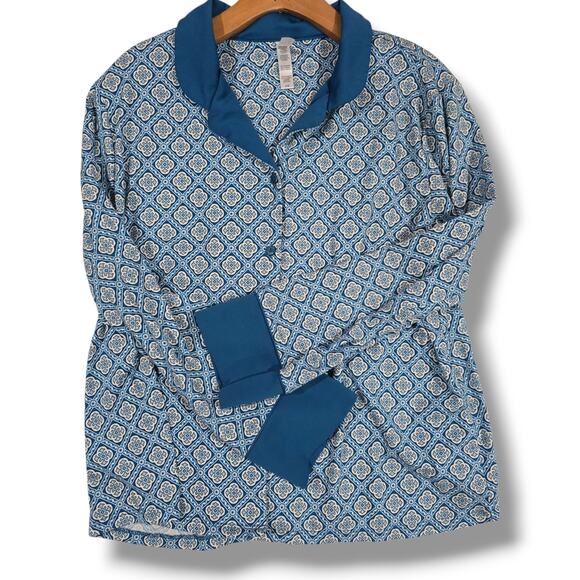 Flora by Flora Nikrooz Women’s Blue Geometric Long Sleeve Pajama Top Size Large - Picture 5 of 9